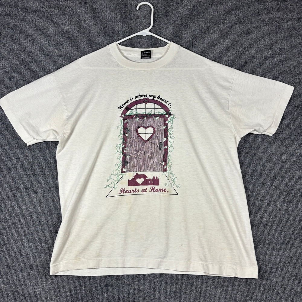 Vintage Single Stitch Fruit of the Loom Hearts at Home T-Shirt Mens XL Cream